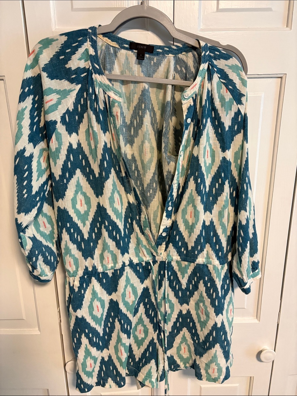 J. Crew Teal and Cream Ikat Drawstring Tunic